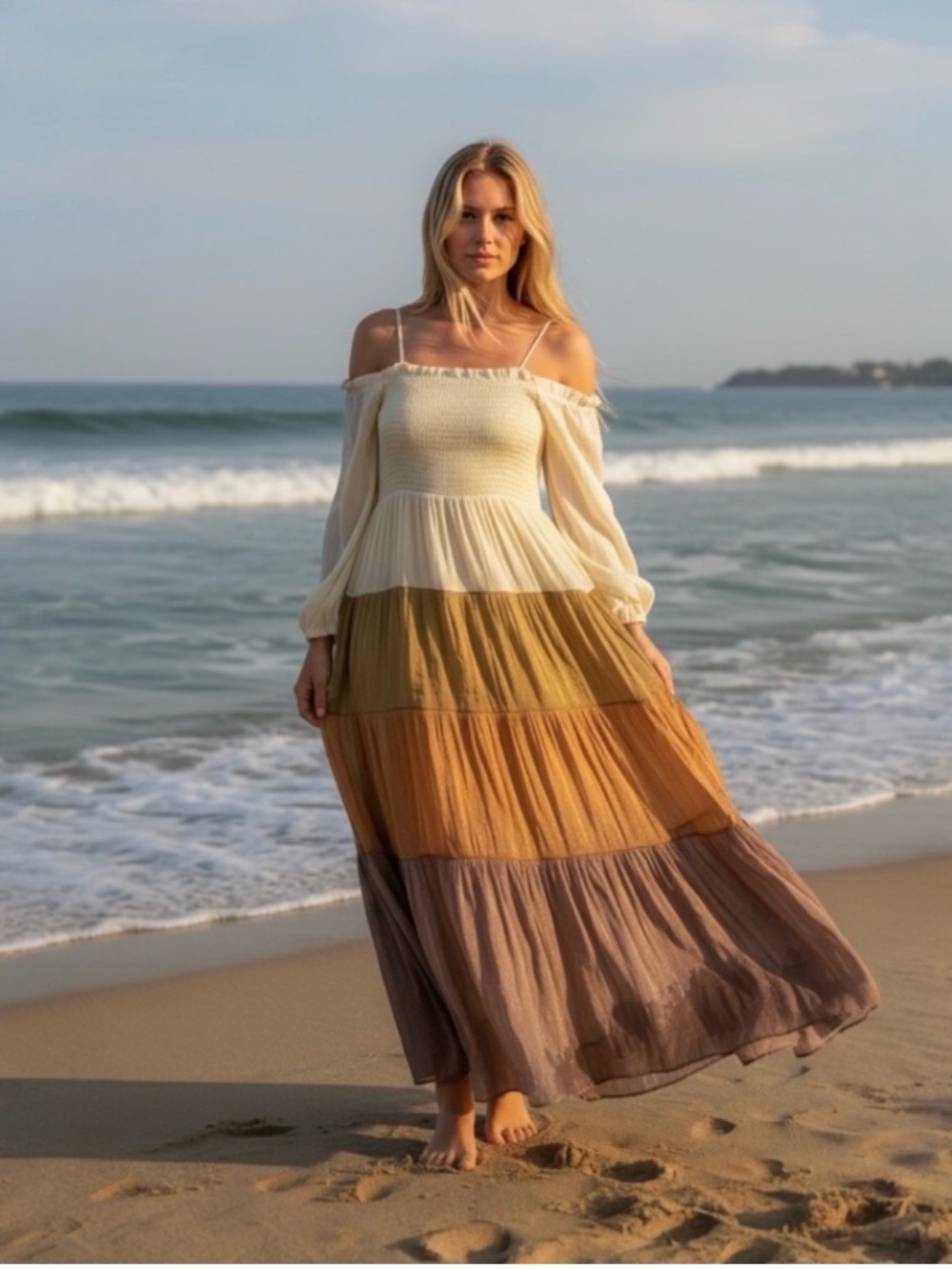 Off-Shoulder Tiered Maxi Dress in Cream, Olive, Mustard & Taupe